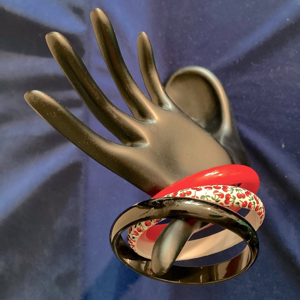 Set of 3 Cherry Black Red Plastic Bangle Bracelets